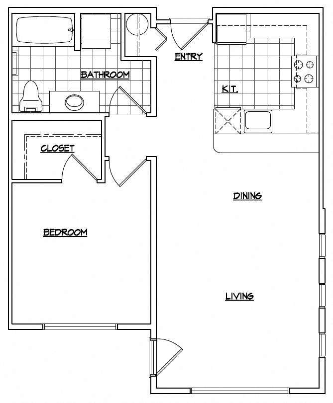 Floor plan for 1 bed, 1 bath, 724 sqft